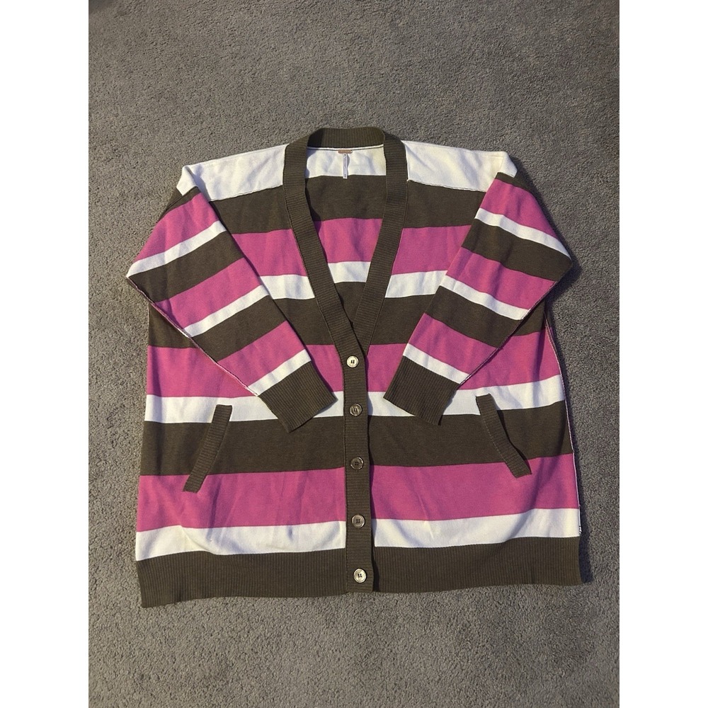 Free People Oversized Striped Cardigan Green Pink White V-Neck Sweater M